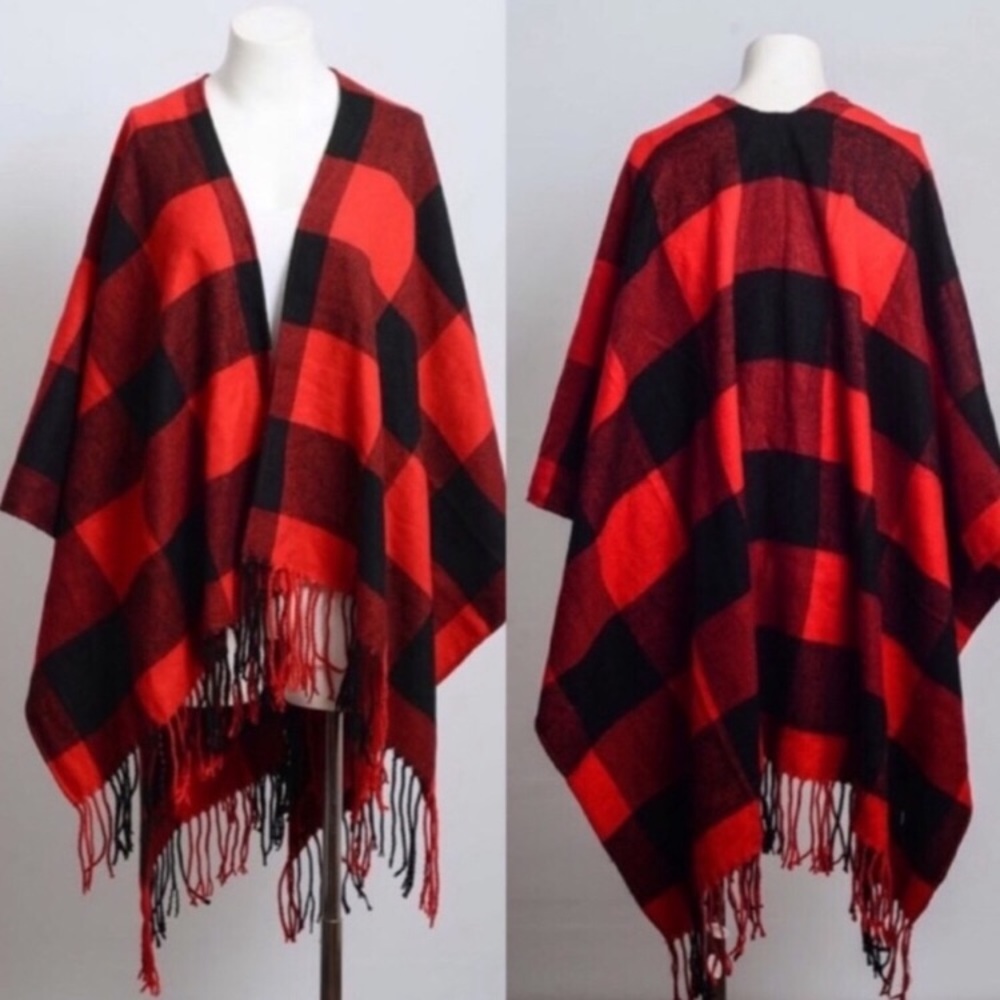 Red Black Buffalo Check Poncho Shawl